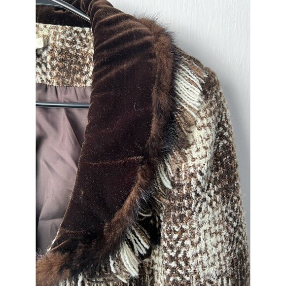 Cache Blazer Velvet/ fur trimmed Dark brown and Ivory Tweed Blazer.sz 8 Vtg - Picture 11 of 11